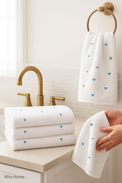 Mira Home طقم مناشف وجه مطرزة على شكل قلب مكون من 4 قطع 100% قطن مقاس 50x90 س...