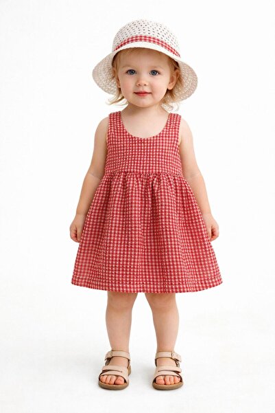 Chicsy Baby Şapkalı Pötikare Desenli Fiyonklu Esnek Kız Bebek Elbisesi