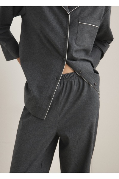 MANGO Woman Kontrast şeritli flanel pamuklu pantolon