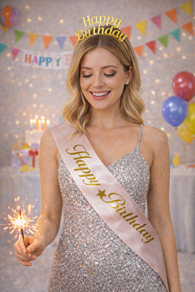 Larenya Happy Birthday Yazılı Metal Taç Ve Kuşak & Pembe Altın Kuşak Altın Taç