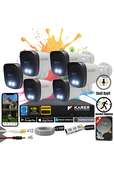 KARER Exitcam-6'lı AHD Güvenlik Kamera Seti-Gece Renkli- Su Geçirmez-Sesli Ka...