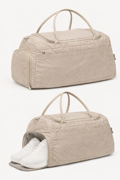 KAFF Bej Krinkıl Kumaş Ayakkabı Bölmeli 0818 Önü Cepli Su Geçirmez Omuz Askıl...