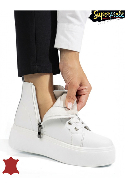 ANGEL BLUE Ghete dama piele naturala Albe imblanite cu accesoriu metalic