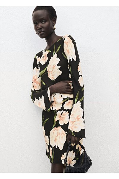 MANGO Woman Çiçek desenli volanlı kollu elbise