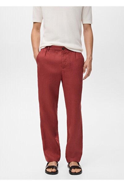 MANGO Man Elastik bel bantlı %100 keten pantolon