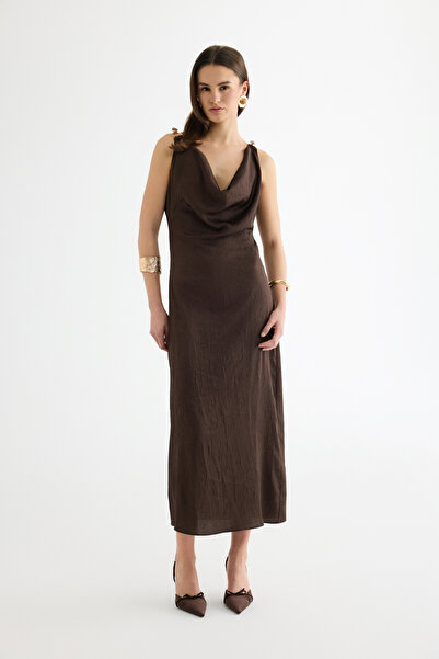 Quzu Back-Tied Degaje Collar Midi Dress Brown