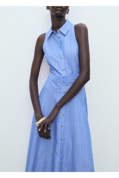 MANGO Woman Çizgili keten karışımlı gömlek elbise