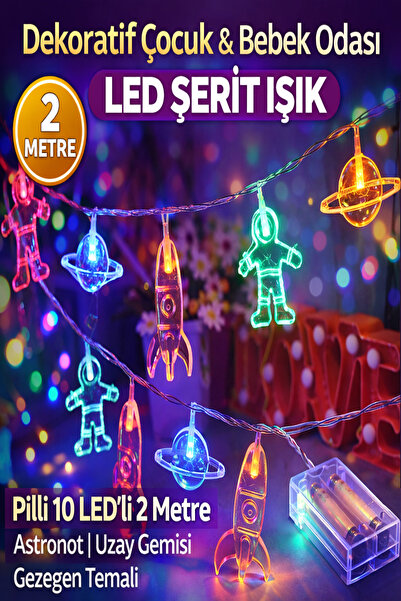 Ecuy Dekoratif Çocuk Bebek Odası Led Şerit Astronot Uzay Gemisi Gezegen Temal...