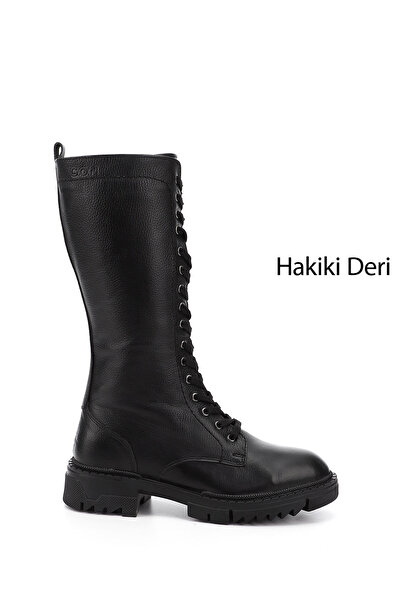 GÖNDERİ(R) Schwarze Floater-Stiefel aus echtem Leder mit Reißverschluss und d...