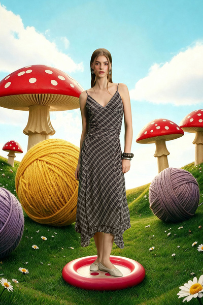 Quzu Asymmetrical Draped Plaid Midi Dress Black