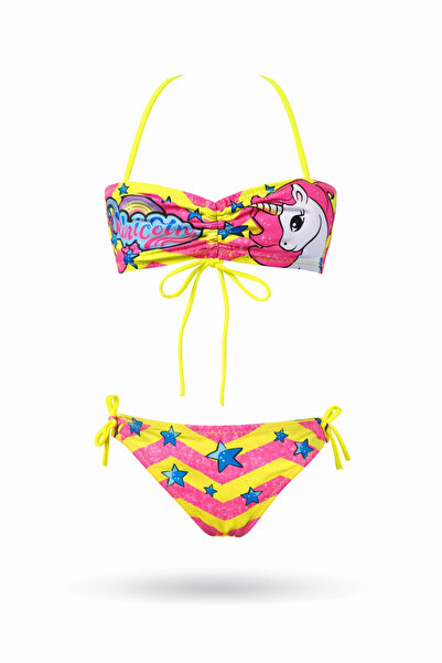 hazelin Girl's Neon Yellow Unicorn Patterned Strapless Bikini Suit for 2-8 Ye...