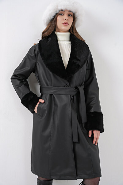 Bigdart 1045 Palton din piele artificială cu blană - negru