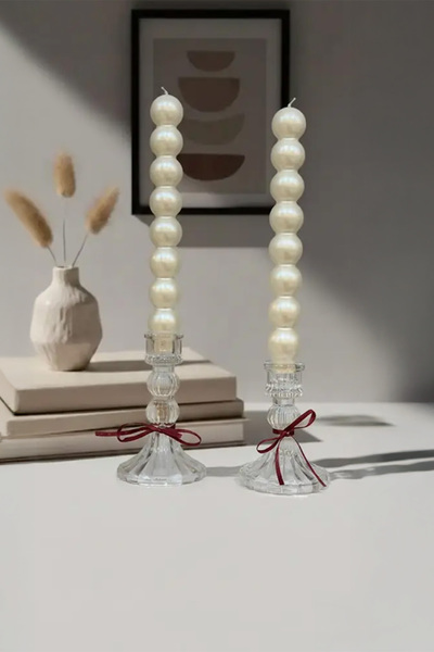 Maison Avf 2'li Cam Şamdan ve Parlak İnci Beyazı Bubble Sütun Mum Seti - Deko...