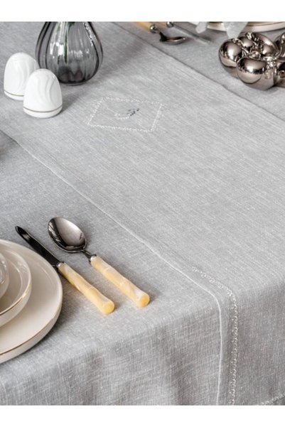 Cotton Box Pera Gray 8 Piece Linen Tablecloth