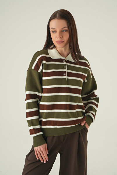 Rays 1018 Hanorac cu guler polo cu dungi kaki