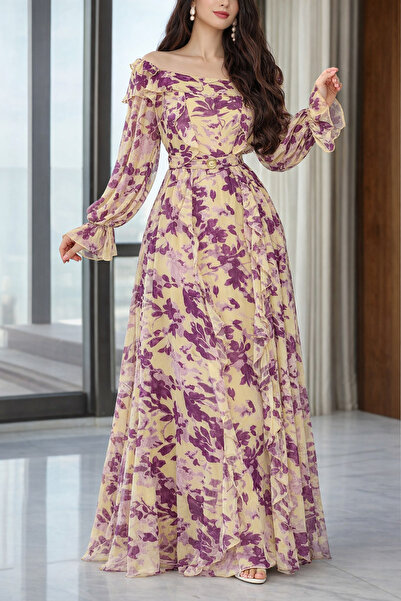Opera Fashion Floral chiffon off-shoulder dress