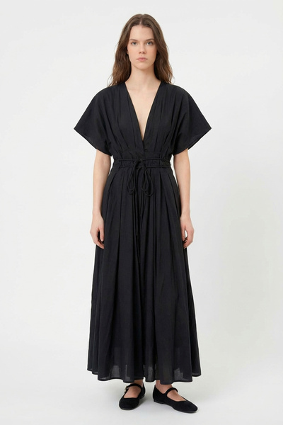 Quzu Beli Lace-Up V-Neck Midi Dress Black