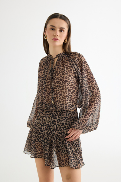 Quzu Шифонова блузка з леопардовим принтом і шнурівкою, коричнева