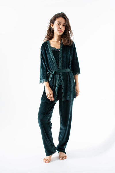 Ecrou Zümrüt Soft Velvet Three Quarter Sleeve Rope Strap Trousers 3 Piece Paj...