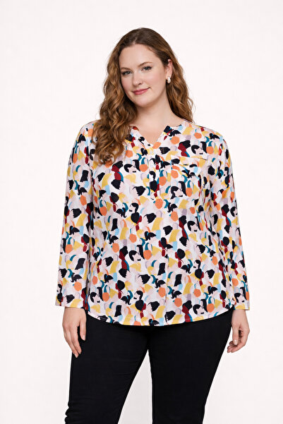 RMG Desenli Büyük Beden Bluz Ekru