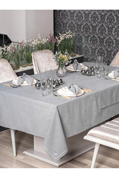Cotton Box Pera Gray 8 Piece Linen Tablecloth