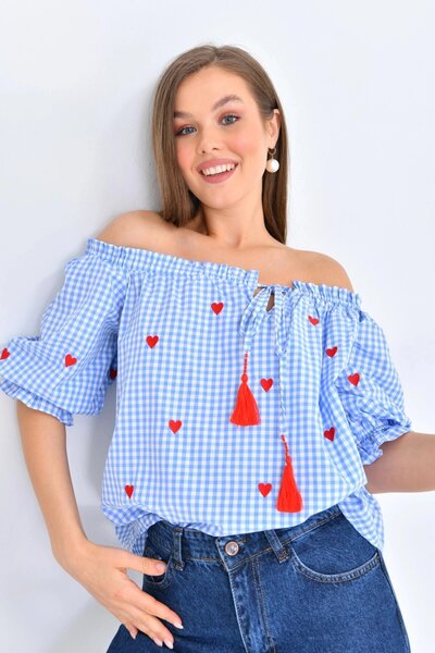 Park Karon Blue Oversize Woven Blouse - Gingham Collar, Ruffle