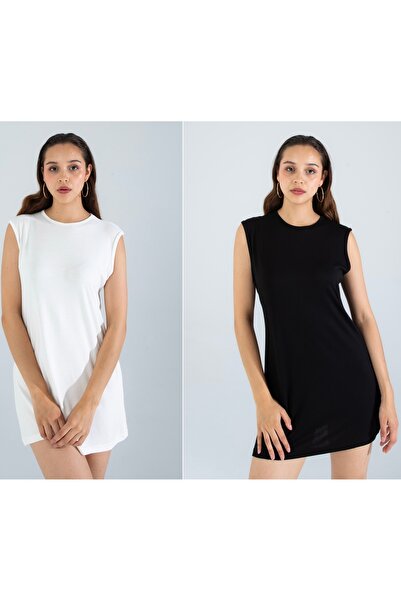 Suzella Women's 2-Pack White/Black Oversized Zero Sleeve Crew Neck Basic Dail...