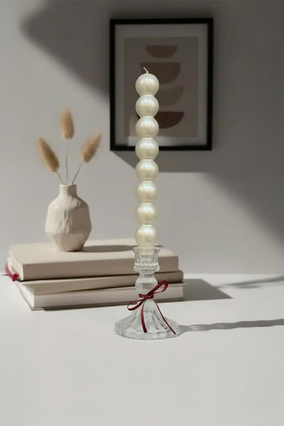 Maison Avf Cam Şamdanlı Parlak İnci Beyazı Bubble Sütun Mum Seti - Dekoratif ...