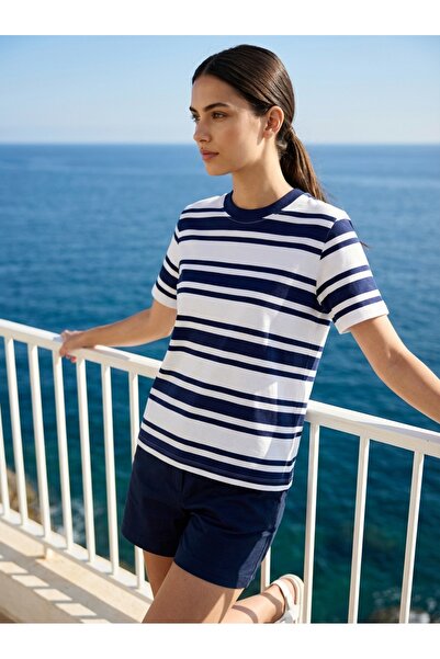 Amia&Co. Tricou de damă cu mânecă scurtă, 100% bumbac, alb-albastru închis, c...