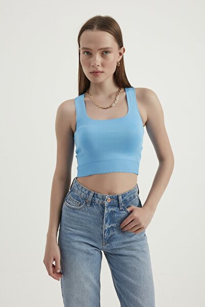 Hiccup Top scurt simplu, fără mâneci, cu guler pătrat, țesut