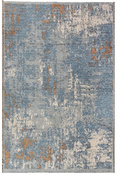 MYHOME HALI Kahve Mavi Desenli Moretti Side Yıkanabilir Çift Taraflı Dokuma M...