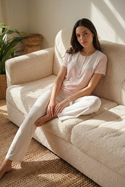 Espuar 774 Women's Buttoned Collar Short Sleeve Top and Bottom Pajama Set