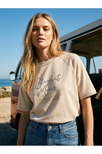 Amia&Co. Tricou de damă 100% bumbac, bej, cu mânecă scurtă, decolteu rotund, ...