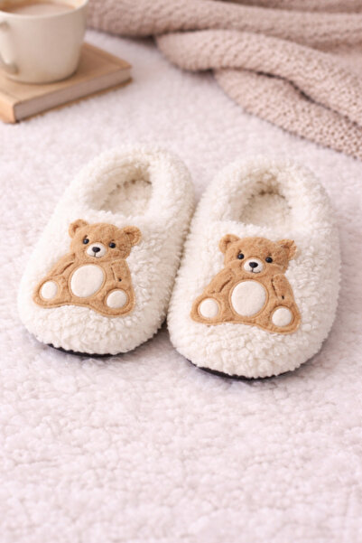 pufien Papuci de casă cu textura moale, cu model de ursuleț și detaliu de bro...