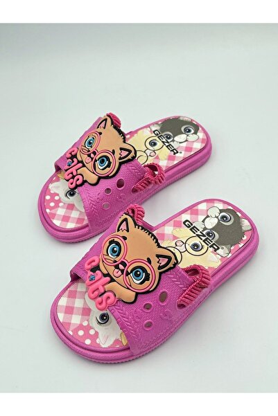 GEZER Kedi Desenli Bebe Lastikli Sandalet Terlik(KÜÇÜK KALIP 1 NUMARA BÜYÜK A...