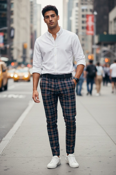 dehaine Men's casual pants, plaid, slim fit, Navy blue, B1545