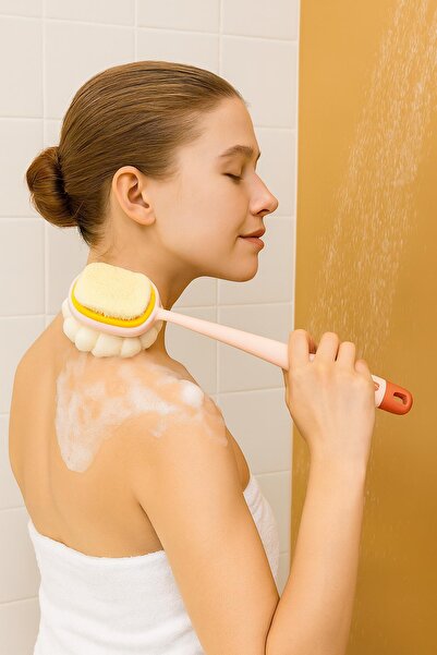 PHENORA Uzun Saplı Masaj Etkili Çift Taraflı Banyo Süngeri ve Duş Fırçası