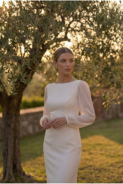 berissima bride Kayık Yaka Balon Kol Nikah Elbisesi, Kırık Beyaz, Yırtmaçlı K...