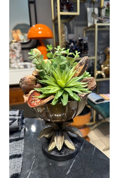 dekorbia Mermer Kaideli Eskitme Yaprak Saksılı Sukulent Aranjmanı (20x30h cm)