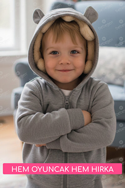 bebegen Cardigan unisex cu glugă și fermoar, gri, cu ursuleț de pluș