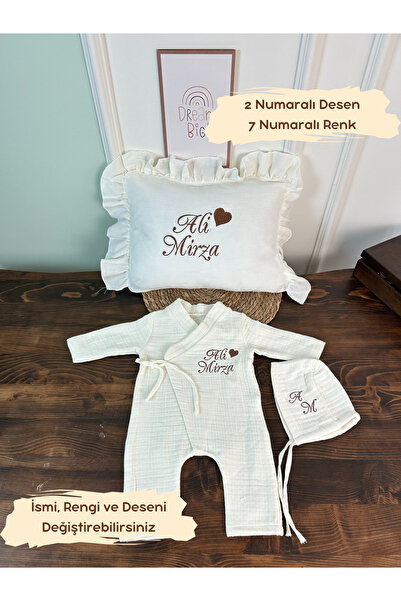 KARSU TASARIM İsimli Hastane Çıkışı Tulum Şapka ve Yastık Kılıfı %100 Pamuk 4...