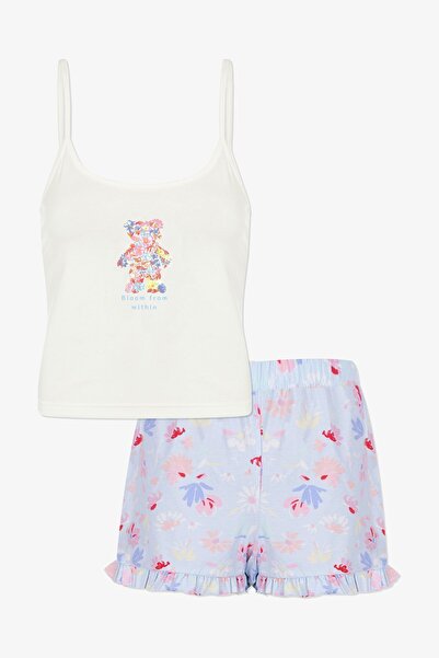 koza iç giyim طقم بيجامة نسائي من القطن باللون الأزرق مع شورت مطبوع عليه دمية دب