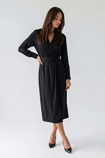 OLSAMODA Cămașă cu curea pentru femei, cu guler, țesătură satinată, lungime m...