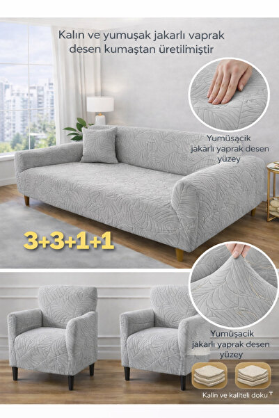 etleshome Jakarlı 3 3 1 1 gri Lastikli Kanepe Örtüsü | Lastikli Koltuk Örtüsü...