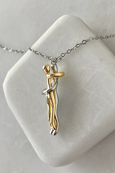 MAVEGA Kadın Kararmaz Çelik Yüksek Kalite Birbirine Sarılan Sevgili Çift Kolye