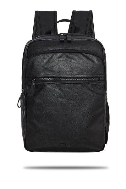 Fudela Monako Siyah Unisex 15.6 İnç Laptop Bölmeli Su Geçirmez Günlük Suni Deri Sırt Çantası