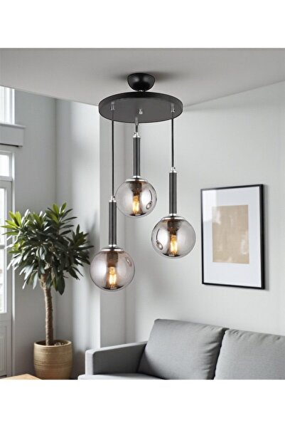 OSC HOME AYDINLATMA TASARIM SİYAH KROM 3LÜ AVİZE FÜME CAM 0059