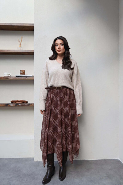 ÇEÇİM Fusta lungă asimetrică croială pentru femei cu dungi HYNX-580111