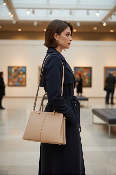 Levidor Kadın Çantası - Vizon Çift Gözlü Gold Detaylı El ve Omuz Çantası 930931