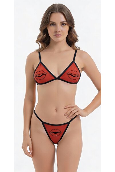 TWINTICKS Κόκκινο διαφανές σετ εσώρουχων με πέτρινο κεντημένο μοτίβο χειλιών,...